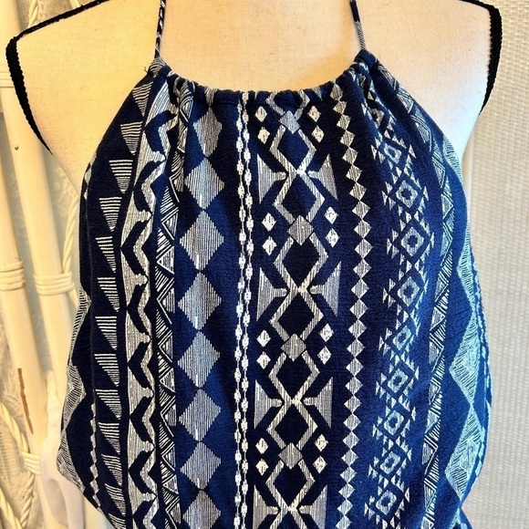 Lulu's Jumpsuit Sparrow Blue White Aztec Print Crop Length Halter Tie size Large - Picture 6 of 16